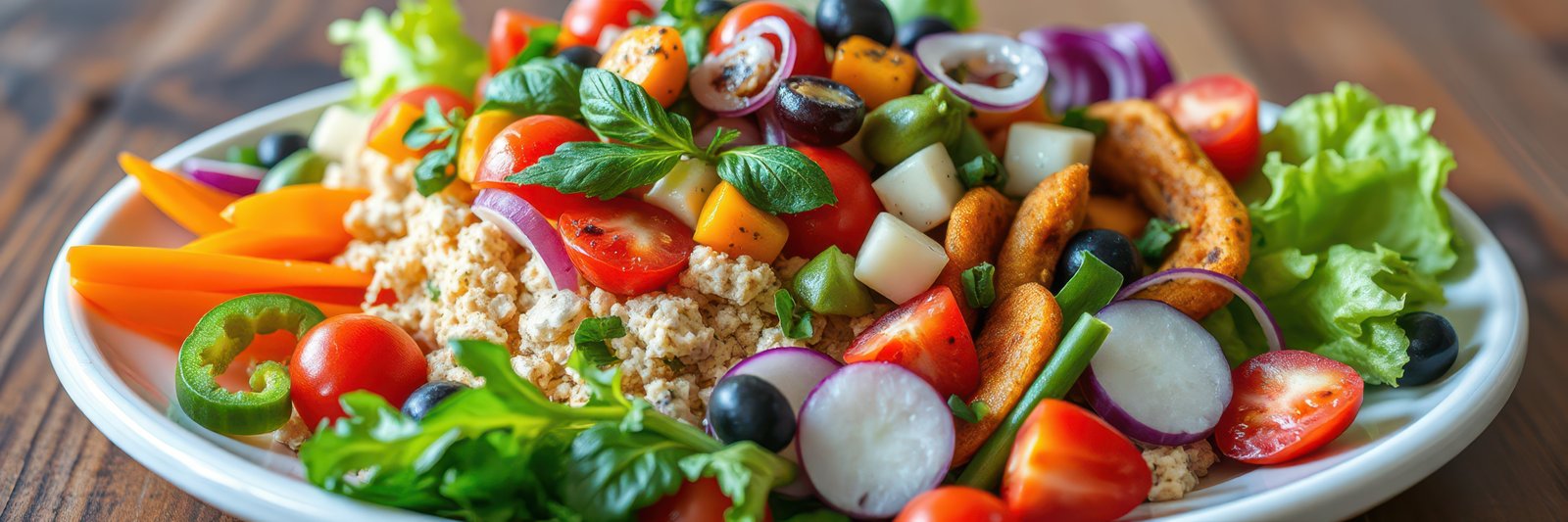 Colorful vegetable salad with fresh greens, tomatoes, and sliced cucumbers on a wooden table